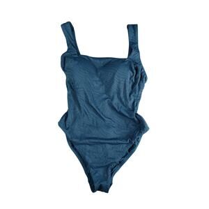 Shade & Shore One Piece Swimsuit Womens Medium Blue Textured High Leg Padded NWT